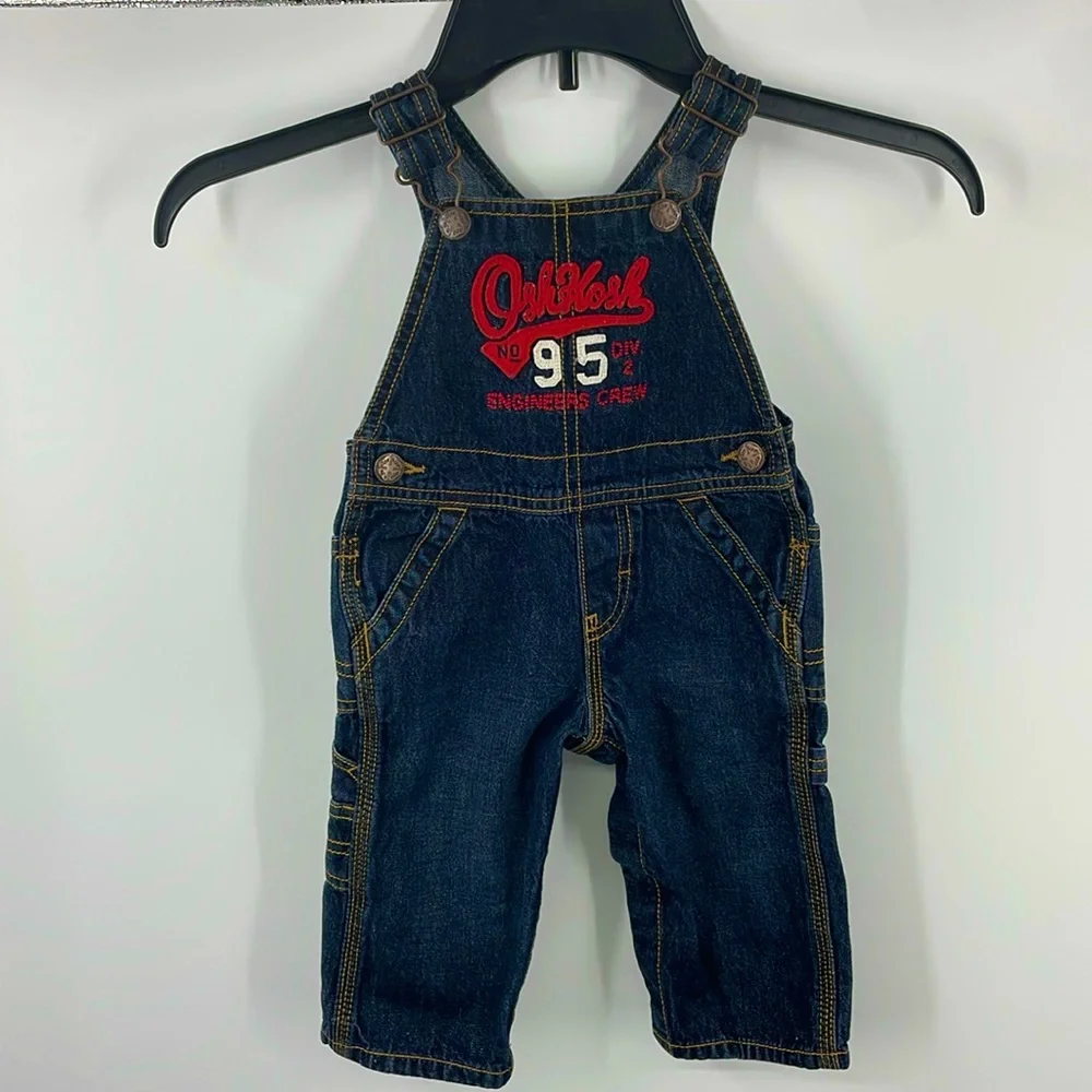 OshKosh B’Gosh “Engineers Crew 95” Denim Overalls Size 9 Months